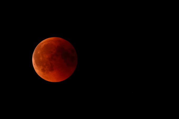 Roter Mond im dunklen Himmel, während einer Mondfinsternis.
